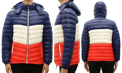 Harvic Men's Quilted Hooded Puffer Jacket - Navy-White-Red - Size: Medium